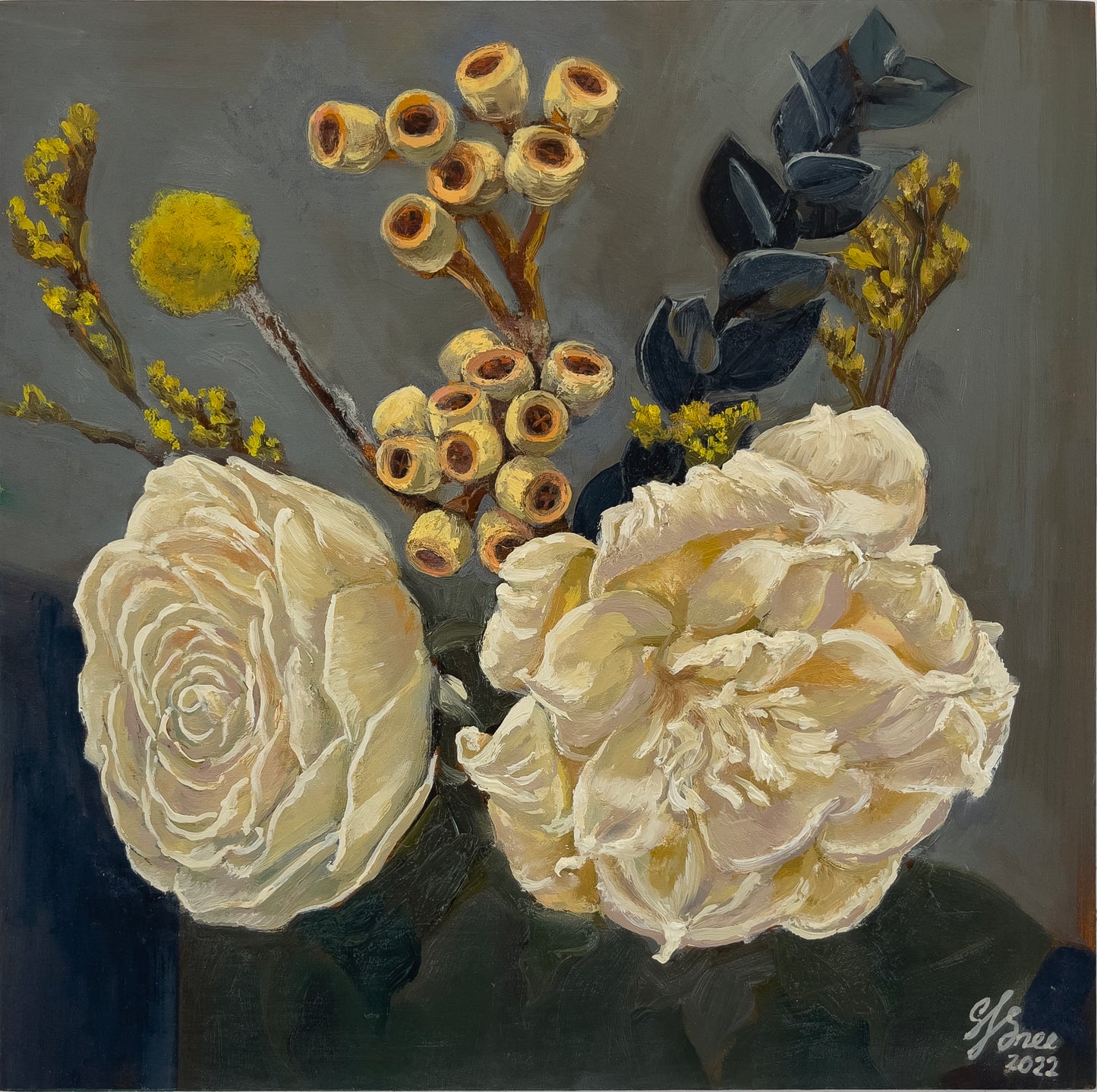 "Cream, Ochre, Navy Still Life" Oil Painting